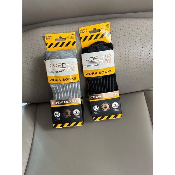 Copper Fit Workgear Unisex Crew Length Work Socks 2-Pack S/M Black & Grey - Picture 2 of 6